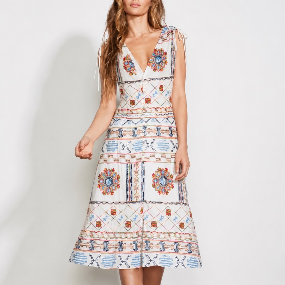Ali & Jay Embroidered Floral Midi Dress L La Cita White Chiffon Boho Cottagecore
